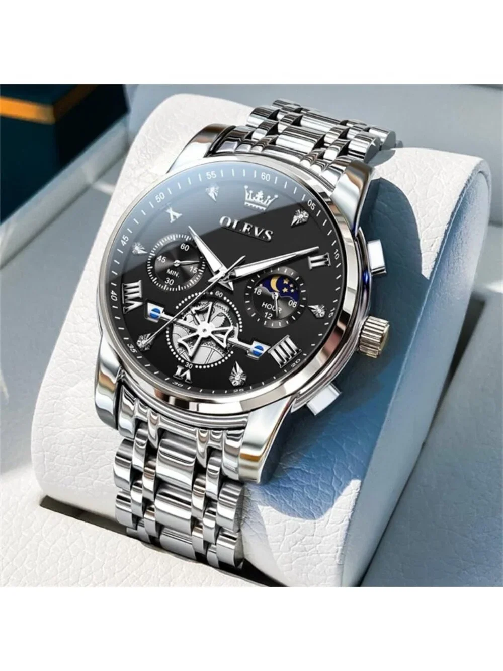 Men's Silver-Black Stainless Steel Waterproof Big Face Multifunction Wrist Watch